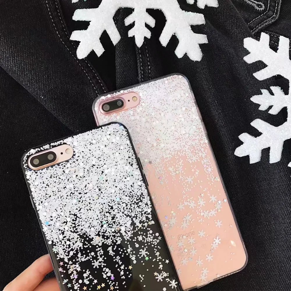 Блестящий чехол для телефона со снежинками для iPhone X, 7, 6 Plus, блестящий порошковый Мягкий силиконовый чехол из ТПУ для iPhone 6, 6 s, 7, 8 Plus