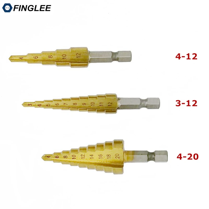 FINGLEE 3 шт./лот 1/4 &quotHSS титановые ступенчатые сверла 12 мм 4 20 конусные