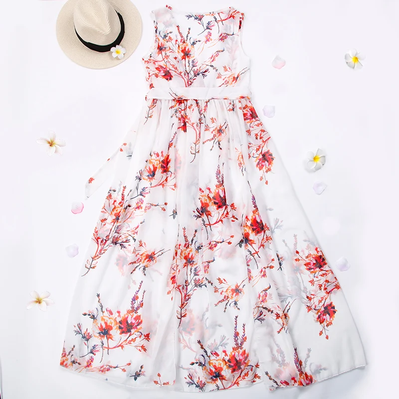 Miyouj цветочный принт Длинные платья для женщин Boho сексуальное V образным вырезом платье для пляжа, макси без Рукавов Пляжная одежда для женщин Vestido De Praia split XL
