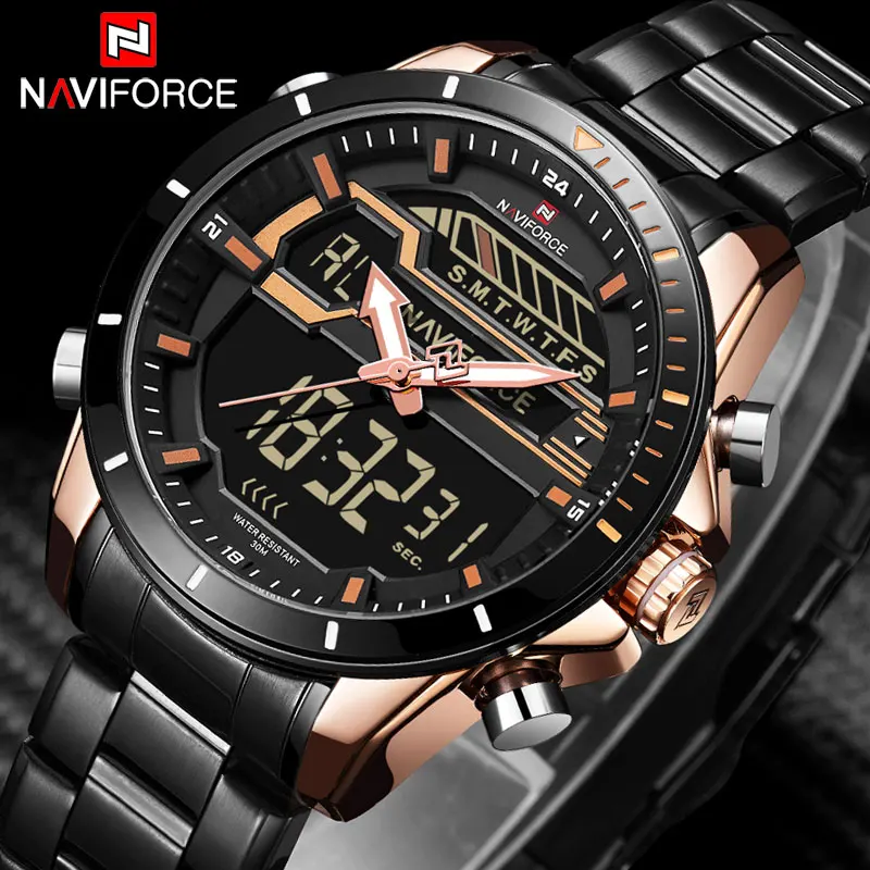 Часы NAVIFORCE мужские спортивные водонепроницаемые с хронографом светодиодный
