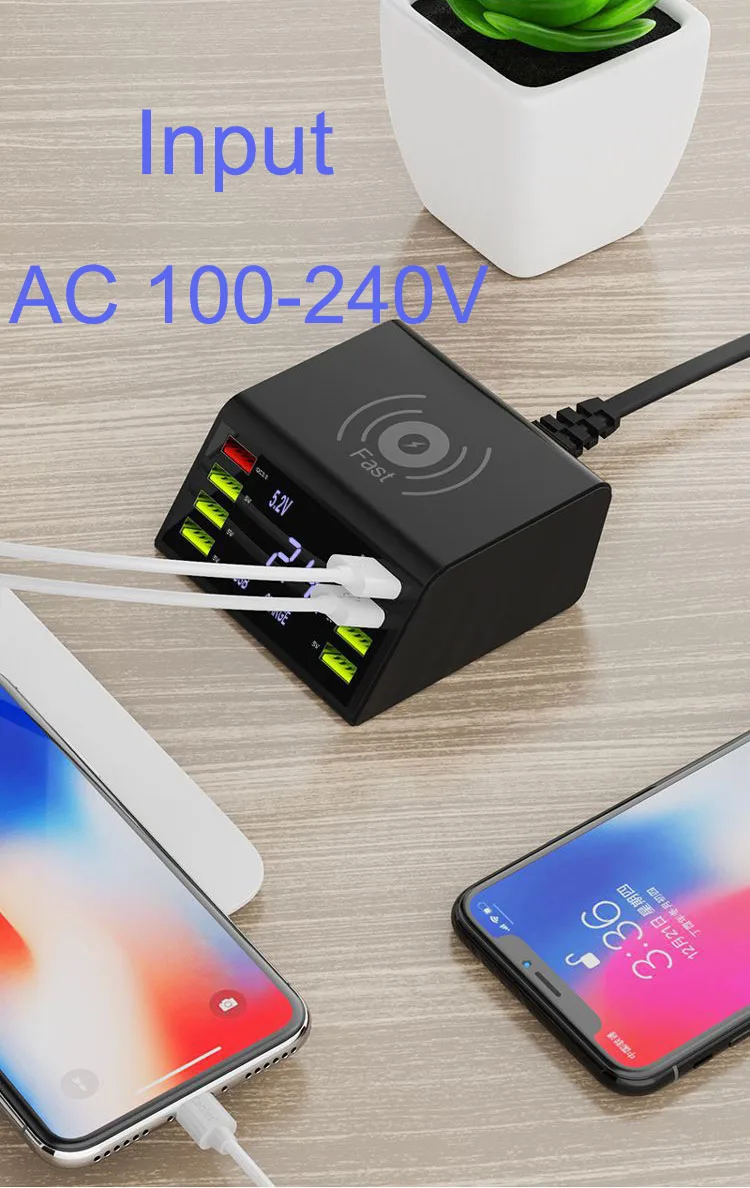 Универсальное беспроводное зарядное устройство USB Qi с 8 портами и ЖК дисплеем для