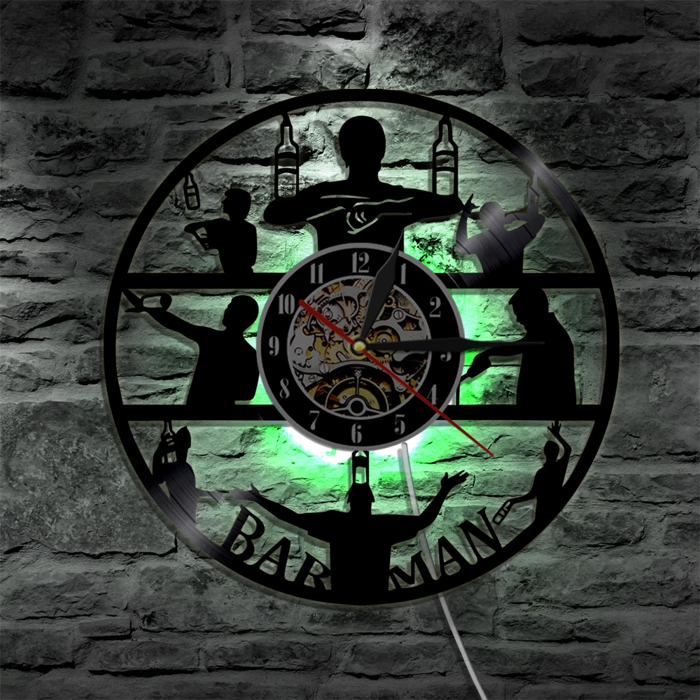  Barman Vinyl Record Wall Clock Club Vintage Time Creative Hanging Art With LED Blacklight Gift For Barmen | Дом и сад