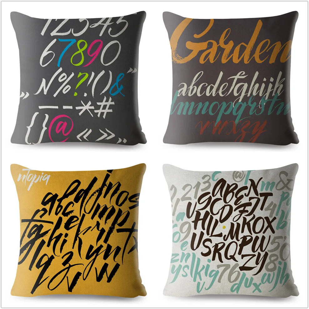 Ink Letter And Number Print Pillowcase Beige Linen Cushion Cover 45*45 Square Throw Pillows Covers Sofa Home Decor Pillow Case | Дом и сад