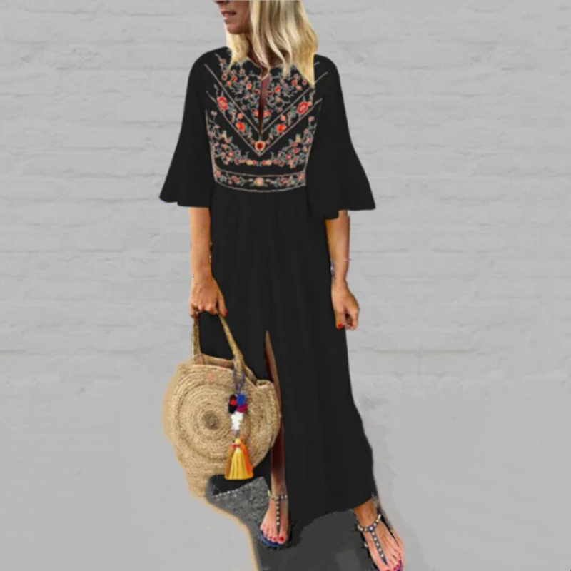 Женское длинное платье с коротким рукавом однотонное разрезом Boho PartyLadies Dresse |