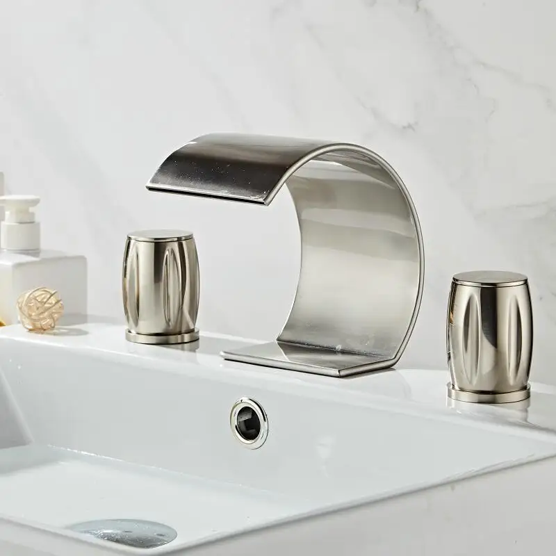 Basin Faucet Brass Nickel Brushed Deck Mounted Waterfall Sink Mixer 3 Hole Double Handle Hot and Cold Water Tap | Обустройство дома