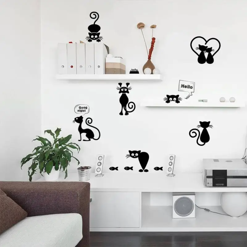 Cute Black Cat Wall Stickers Vinyl Decal For Kids Rooms Cartoon Pussy Decoration Switch Mural R4 | Дом и сад