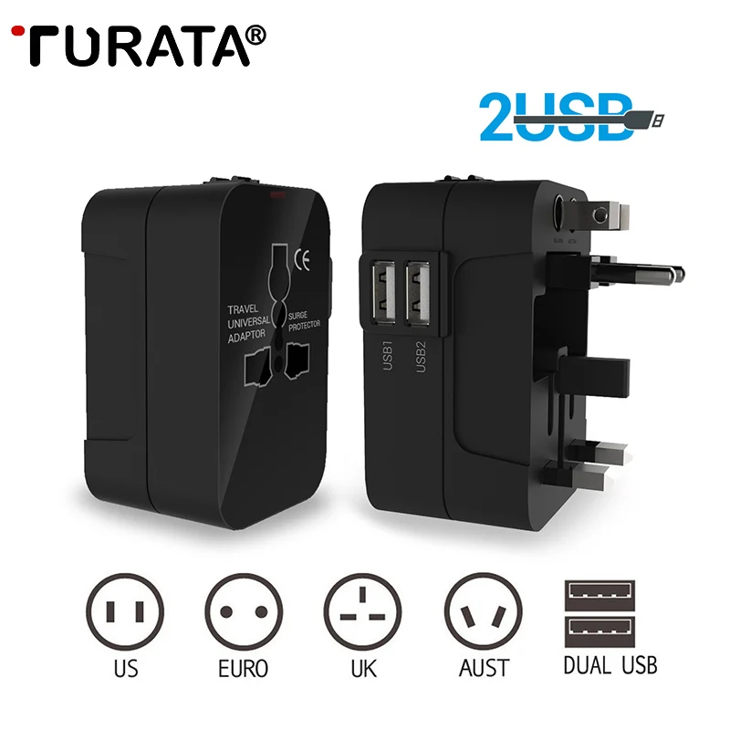 Turata Универсальный двойной Порты и разъёмы Travel Adapter Зарядное устройство розетки