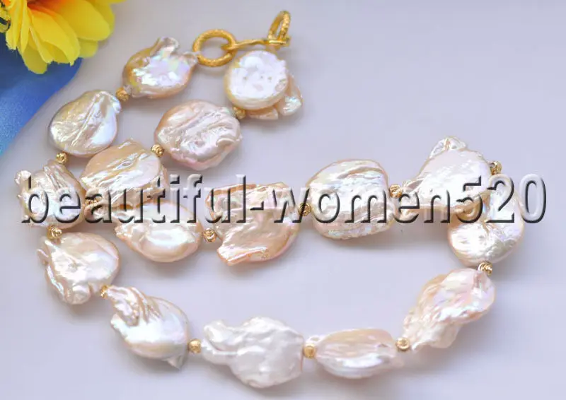 

Z8661 25mm Square Coin Baroque Pink Keshi Pearl Bead Necklace 20inch