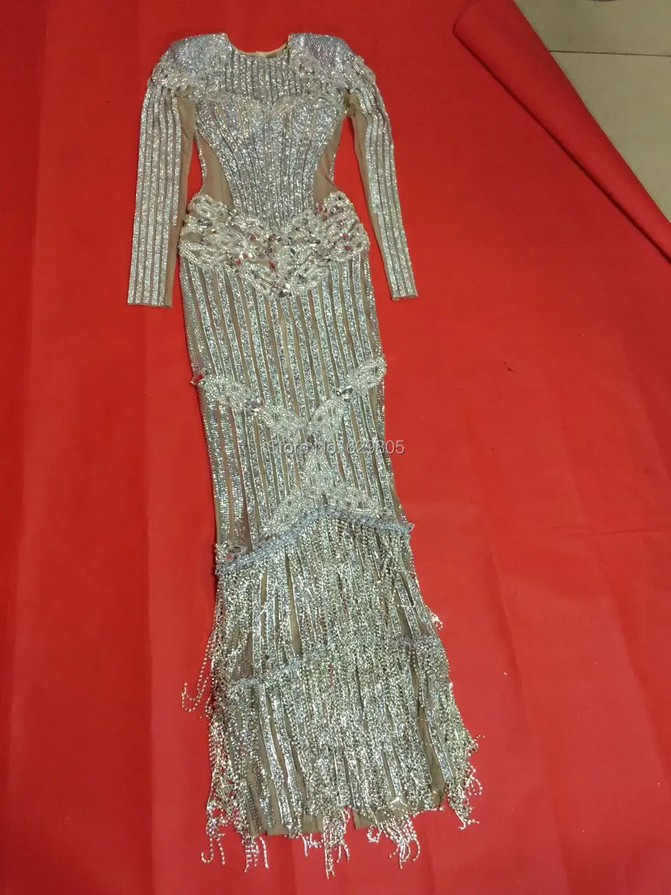 Luxury Glisten Silver Rhinestones Dress Flashing Sexy Stage Wear Long Dresses Full Crystals Costume Celebrate Outfit Dresses