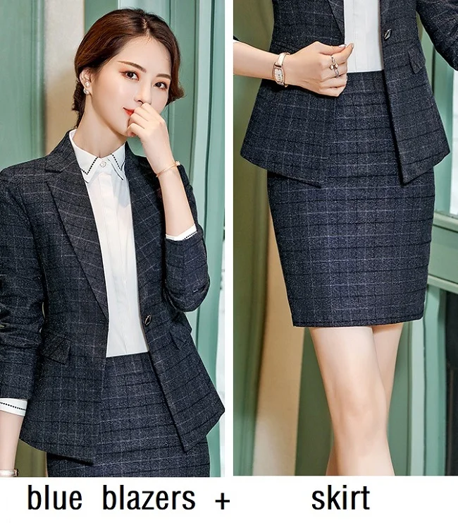 blue blazers skirt Женские костюмы, тонкие весенние клетчатые блейзеры и брюки, комплект из 2 предметов, деловые Деловые женские брючные костюмы, женские костюмы 652 - Цвет: blue blazers skirt