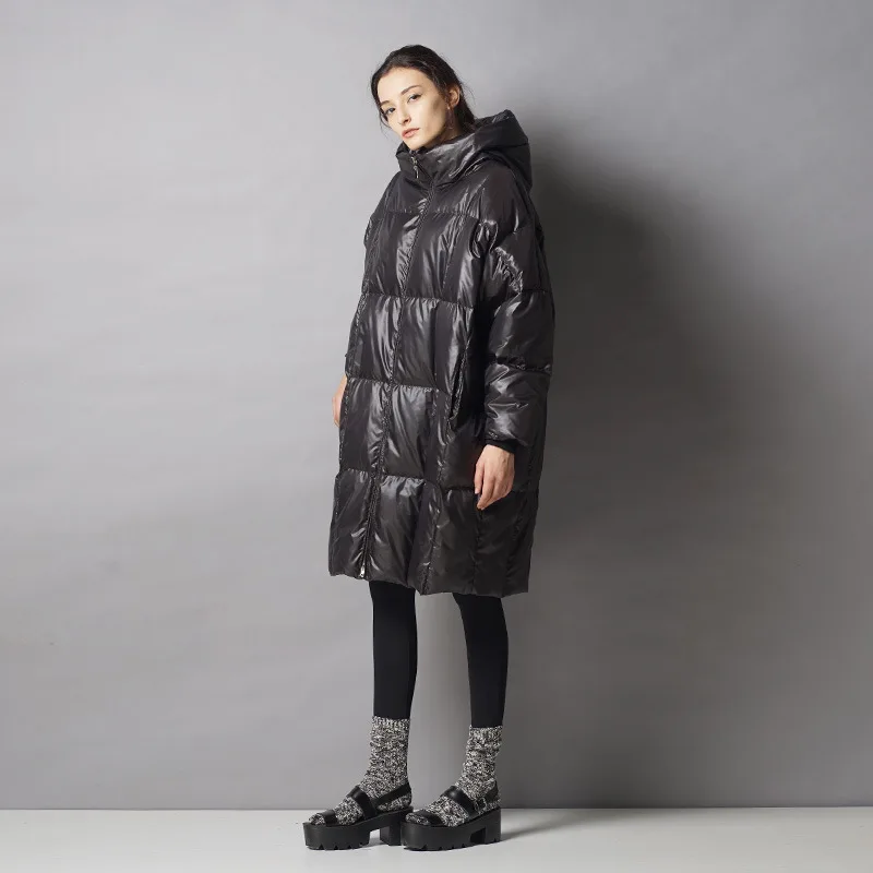 

Loose Down coat Women Hooded Collar Coats Down Women Winter Warm Parkas Coat Women Bright Leather Fabrics Down Jackets
