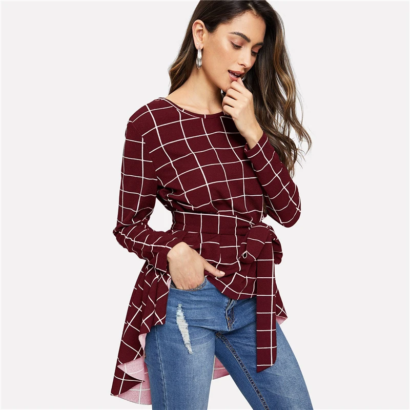 Sheinside клетчатые Женские топы и блузки офисные женские OL асимметричный подол опоясанный сетчатый топ с длинным рукавом женская элегантная блузка Футболка