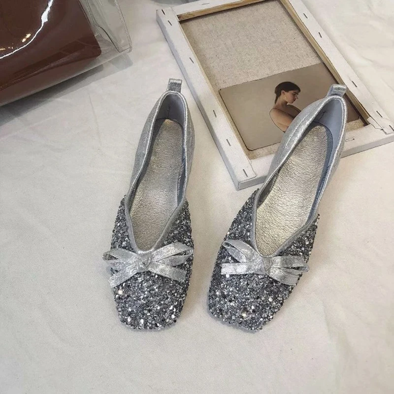 Bling горный хрусталь Лоферы без застежки кожи лук-узел Эспадрильи с квадратным