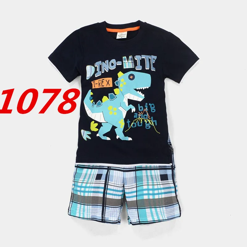 Newest Yellow Dino Boy Clothes Set Children T-Shirt Plaid Pant Suit Kids Outfit 100% Cotton Tops Panties 2 -7 Year Clothing | Детская