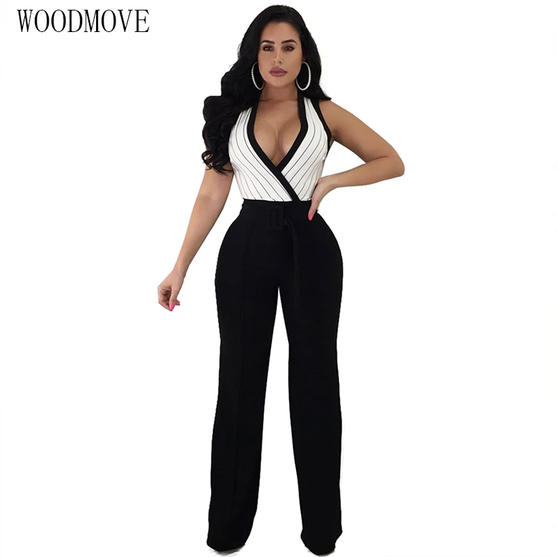 Женский комбинезон с глубоким v-образным вырезом и широкими штанинами поясом