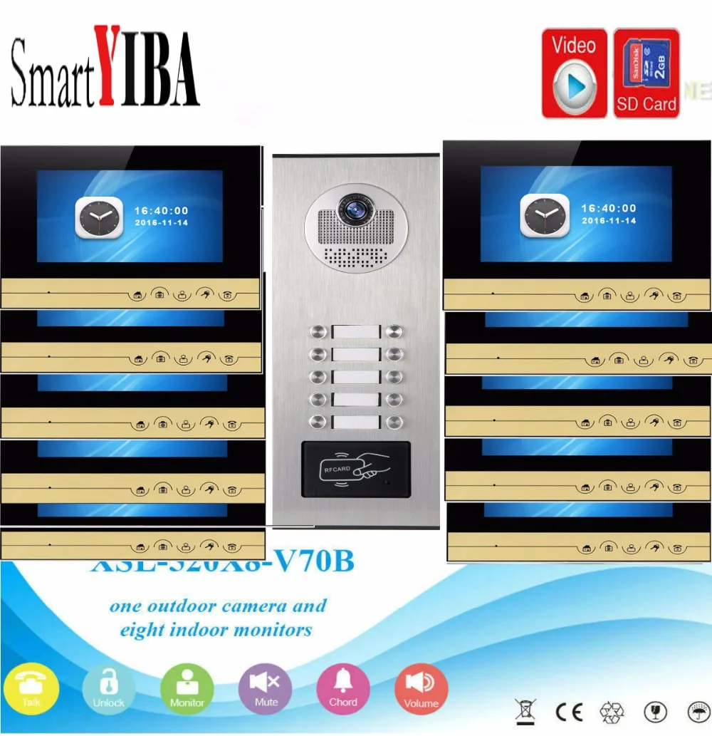 

SmartYIBA 7 дюймов монитор видео-телефон двери дверной звонок Домофон RFID доступа Дверные Камера с sd-картой видео Запись для 10 квартиры