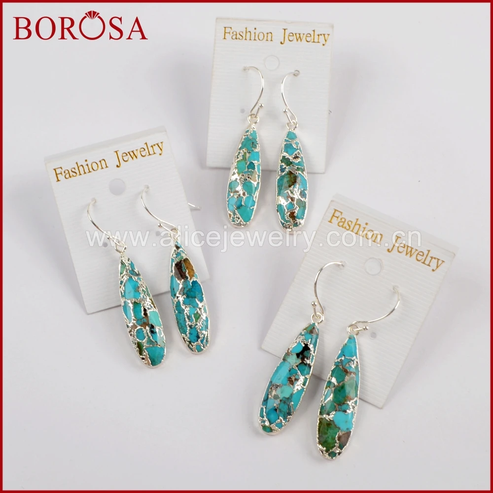 BOROSA 1 пара каплевидные Золотые/натуральный серебристый цвет медные бирюзовые висячие серьги натуральные драгоценные камни серьги ювелирные изделия как подарки G1547-E