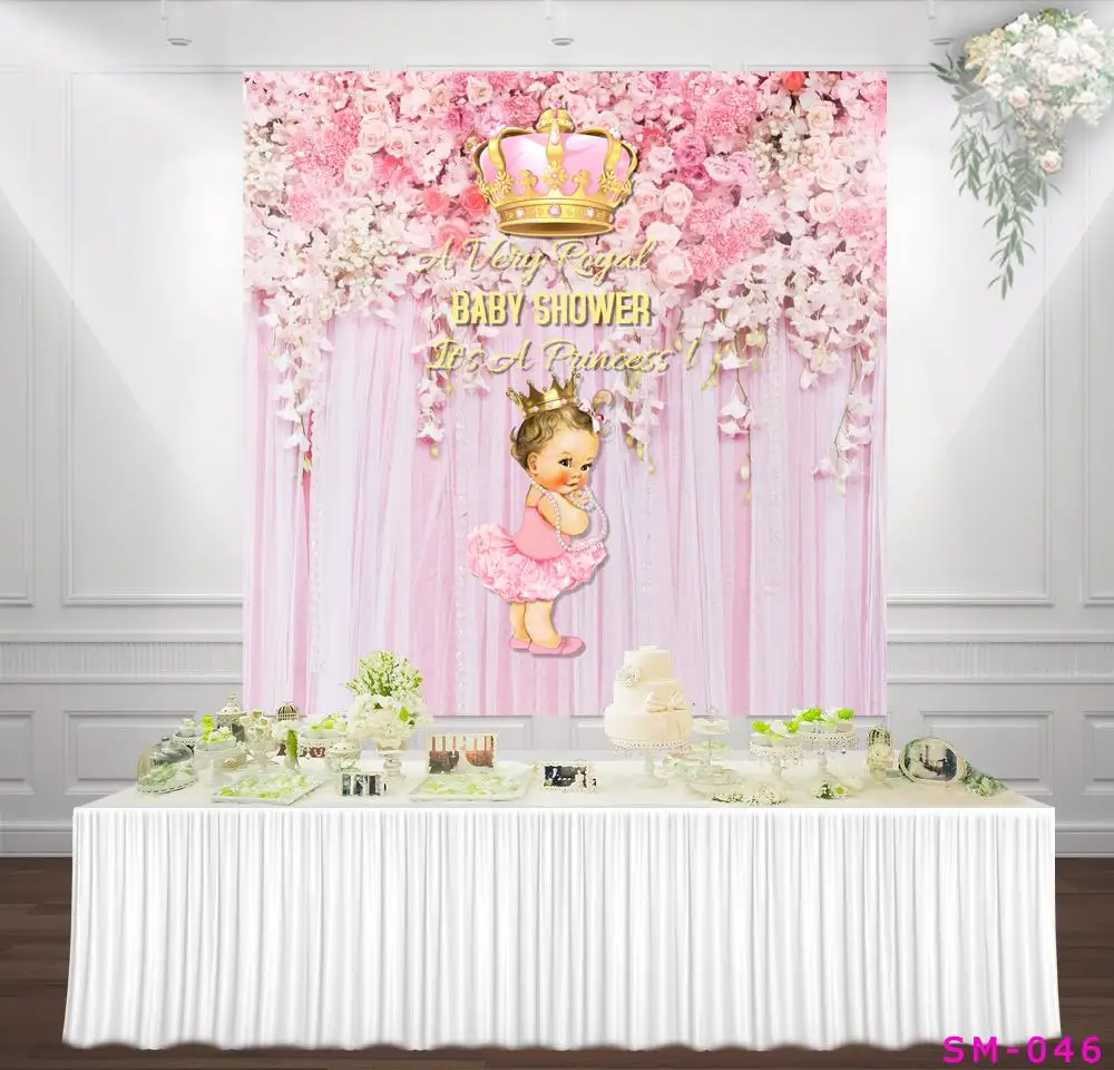 Королевский детский душ фоны Цветочный розовый принцесса девушка babyshower Золотая Корона Занавес фото фоны десертный стол баннеры