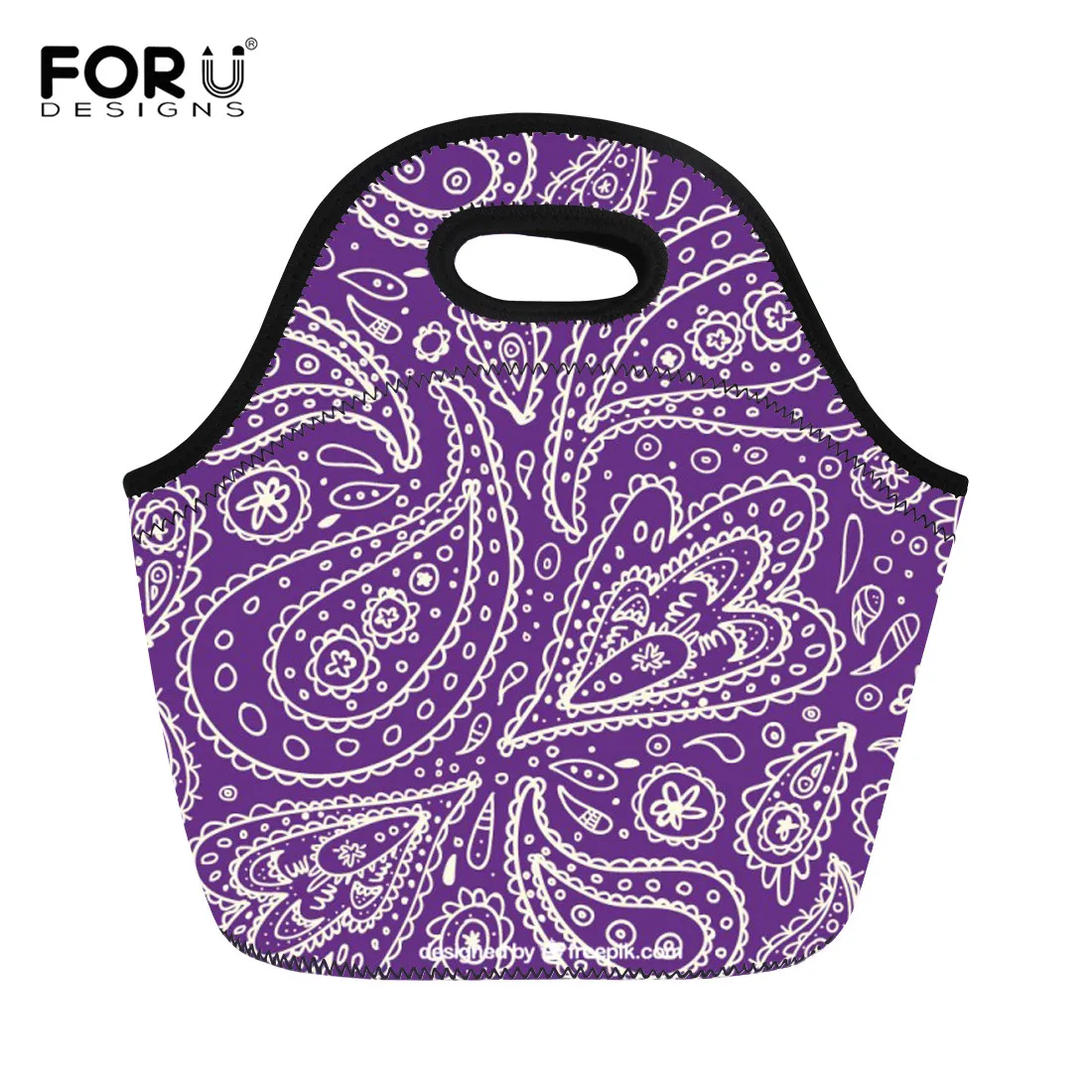 

FORUDESIGNS Insulated Neoprene Lunch Bag Ethnic Floral Seamless with Mandalas Nice Gift Reusable Soft Lunch Tote for Work School