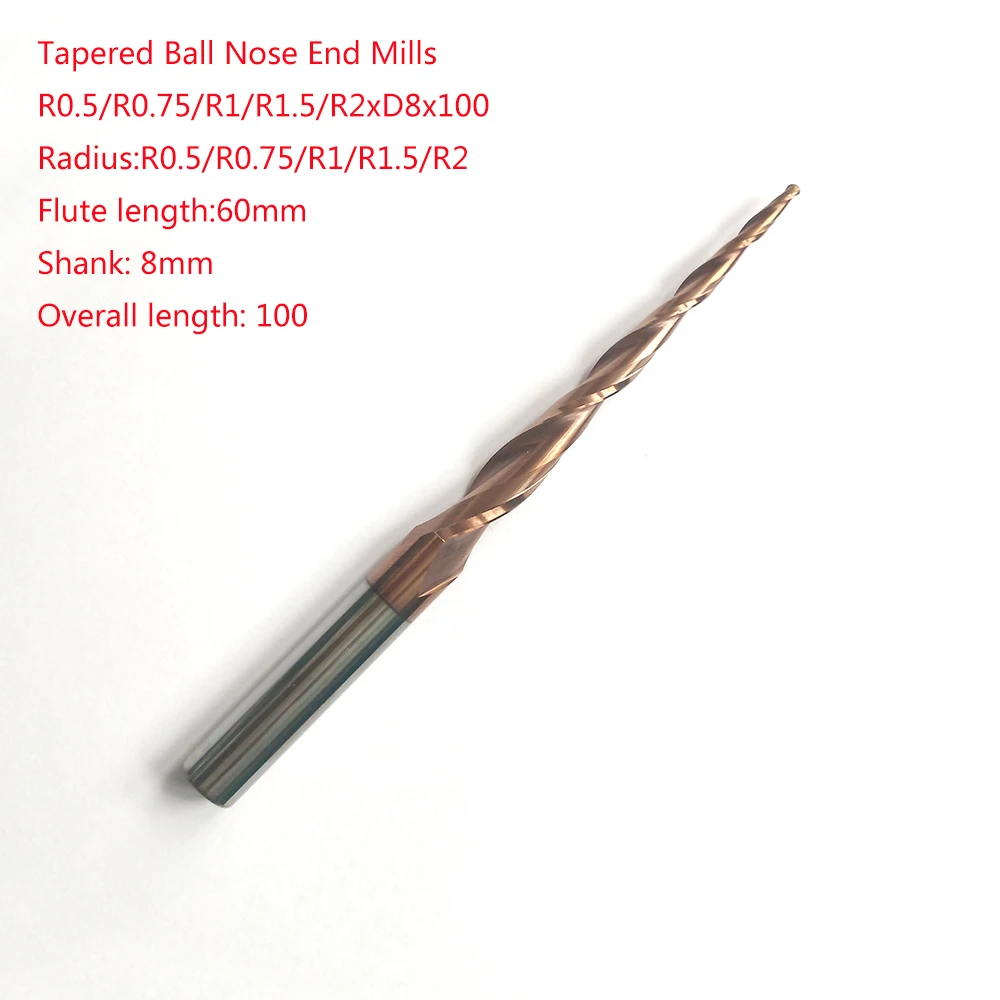 

1pc R0.5/R0.75/R1/R1.5/R2x60xD8x100 shank 8mm extra lengthen solid carbide tapered endmills CNC engraving milling cutters