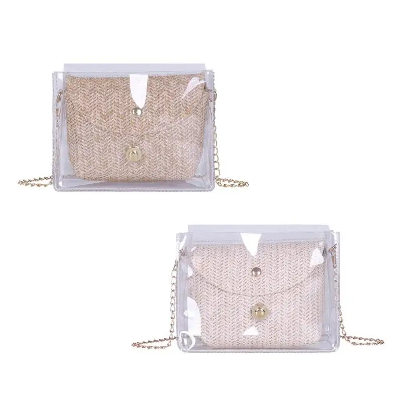 2pcs/set Handbag Transparent Women Hand Bags Chain Straw bag Lady Travel Beach Shoulder Cross Body Bag Holiday