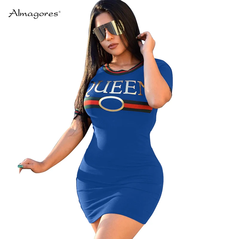 Almagores Для женщин Повседневное футболки платье Письмо печати Полосатый Sexy Bodycon Club