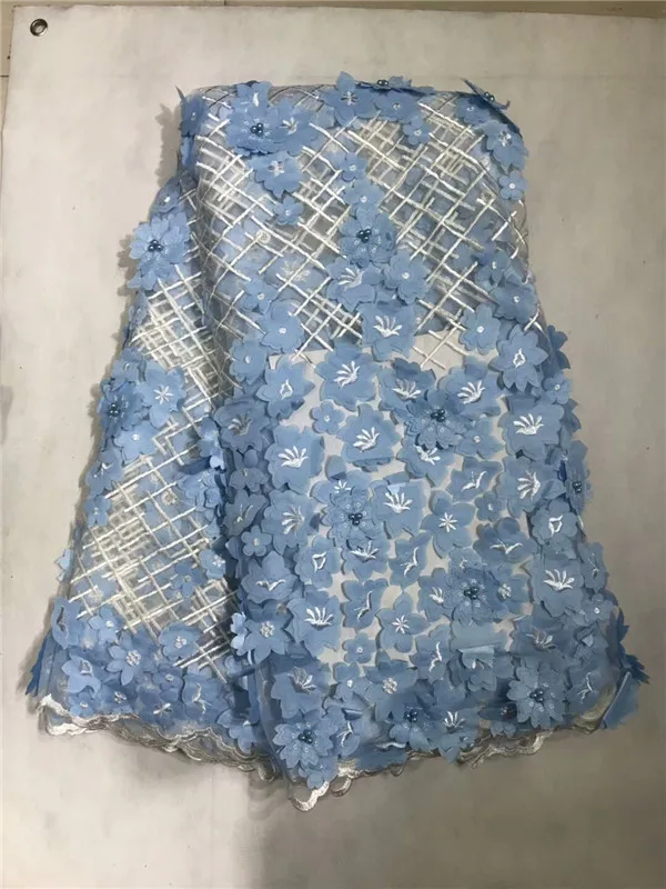 Нигерийская кружевная ткань Небесно-Голубой Черный 3d вышитая шифоновая Сетка с