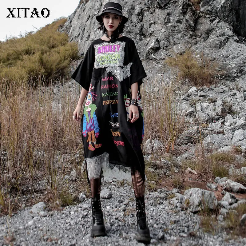 XITAO Street Lace Dress Women Clothes 2019 Notched Collar Irregular Print Letter Pattern Wild Joker Pullover Elegant WBB4191 | Женская