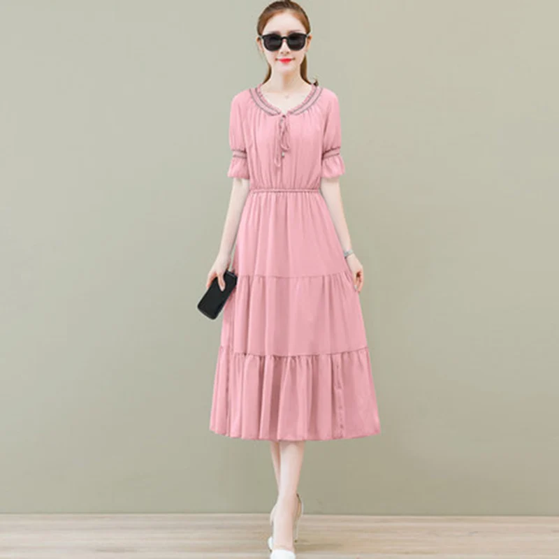 Женское летнее пляжное шифоновое платье случайный звонок рукав одноцветное бохо