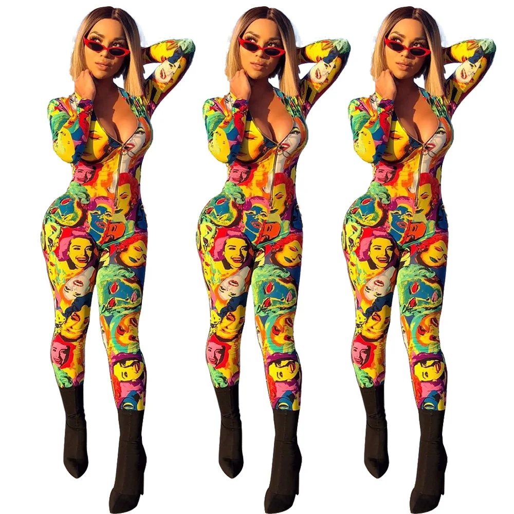 2019 г. летние женские Тощий bodycon характер печати на молнии Комбинезон пляжный