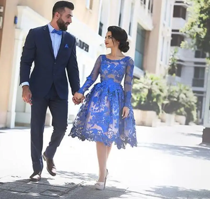 

Royal Blue Elegant Cocktail Dresses A-line Long Sleeves Appliques Lace Elegant Short Homecoming Dresses