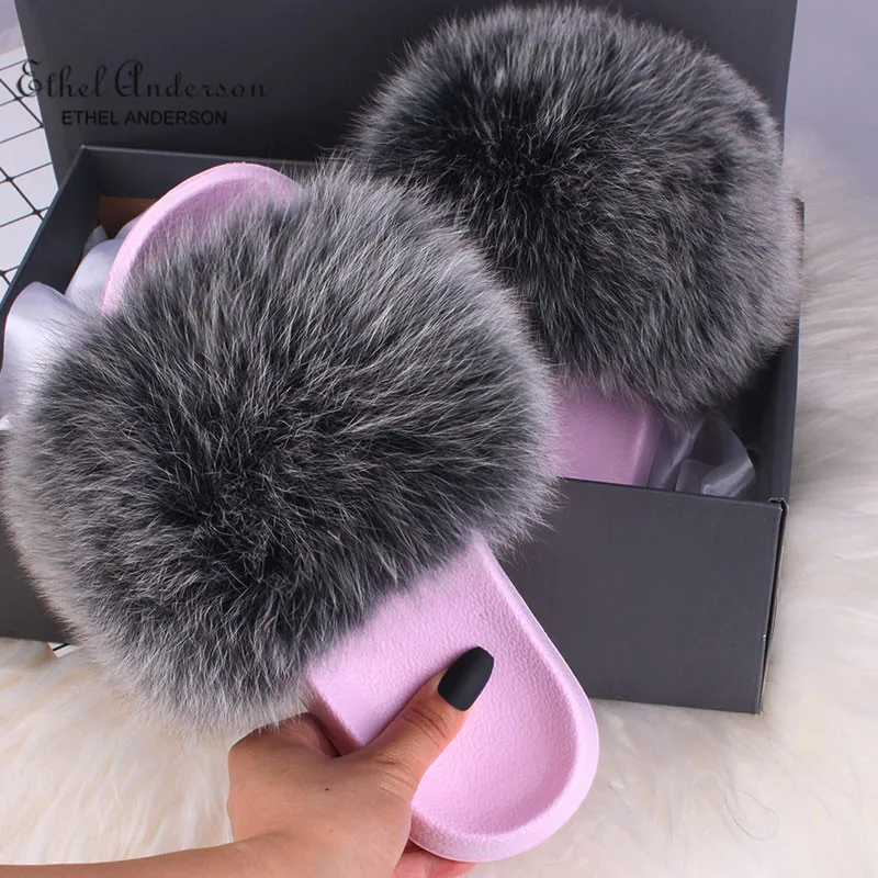 Ethel Anderson Summer Women's Fur Slippers Real Fox Fur Furry Slippers Best Plush Fox Hair Fluffy Slippers Flat Sandals