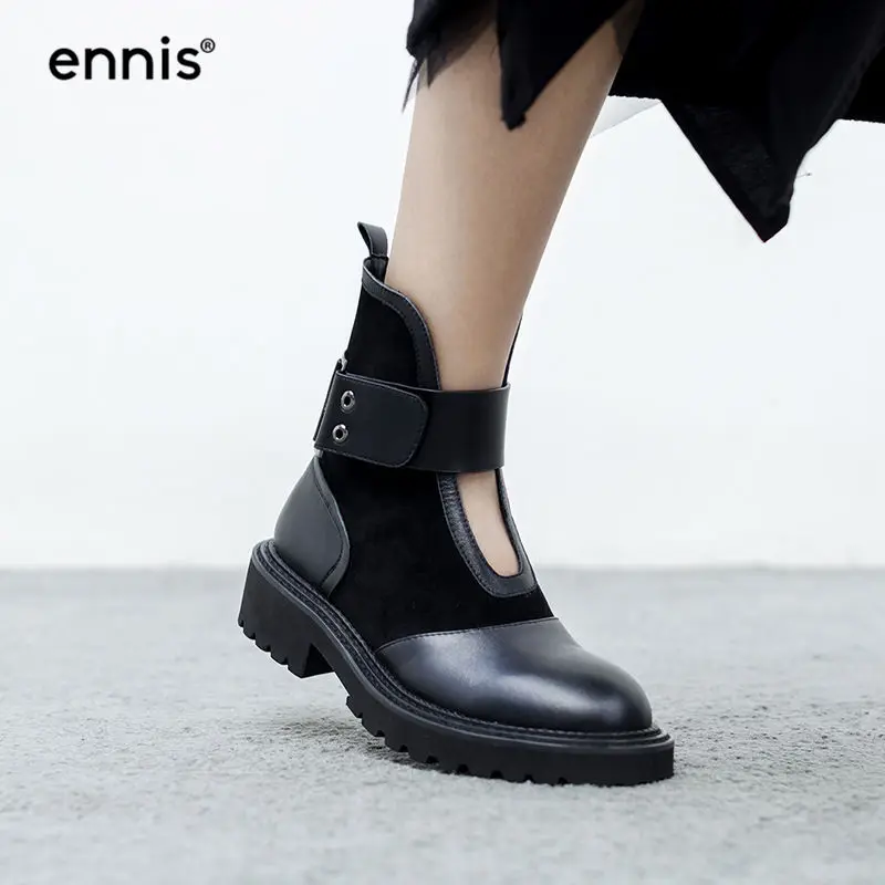 ENNIS/; дизайнерские ботинки; черные женские ботинки на платформе; осенние ботинки из натуральной кожи; зимняя женская обувь из коровьей замши с пряжкой; Новинка; A8187