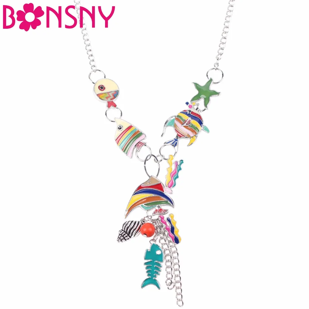 

Bonsny Enamel Starfish Sea Fish Maxi Necklace Pendants Statement Choker Chain Collar 2017 New Fashion Jewelry For Women Bijoux