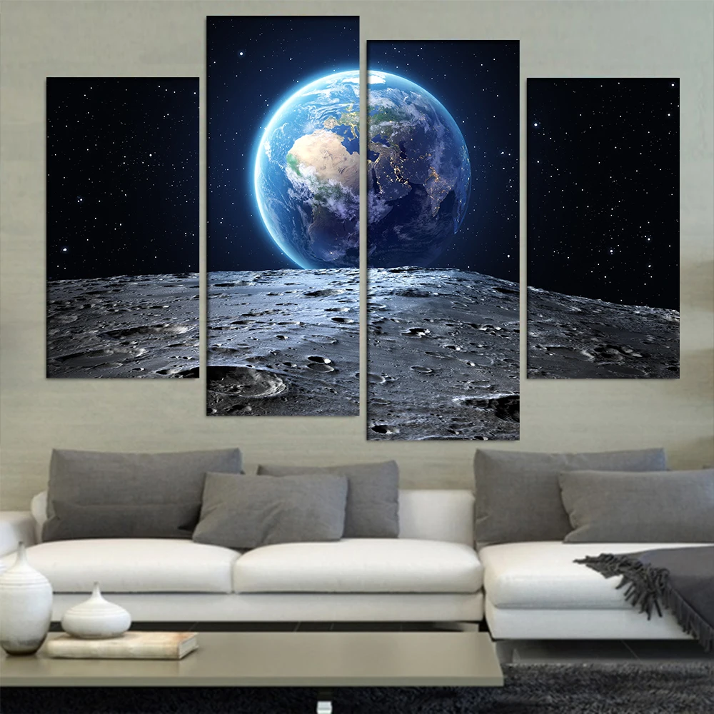 

Canvas Prints Poster Living Room Wall Art 4 Pieces Abstract Earth View From Moon Asteroid In Space Paintings Home Decor Pictures