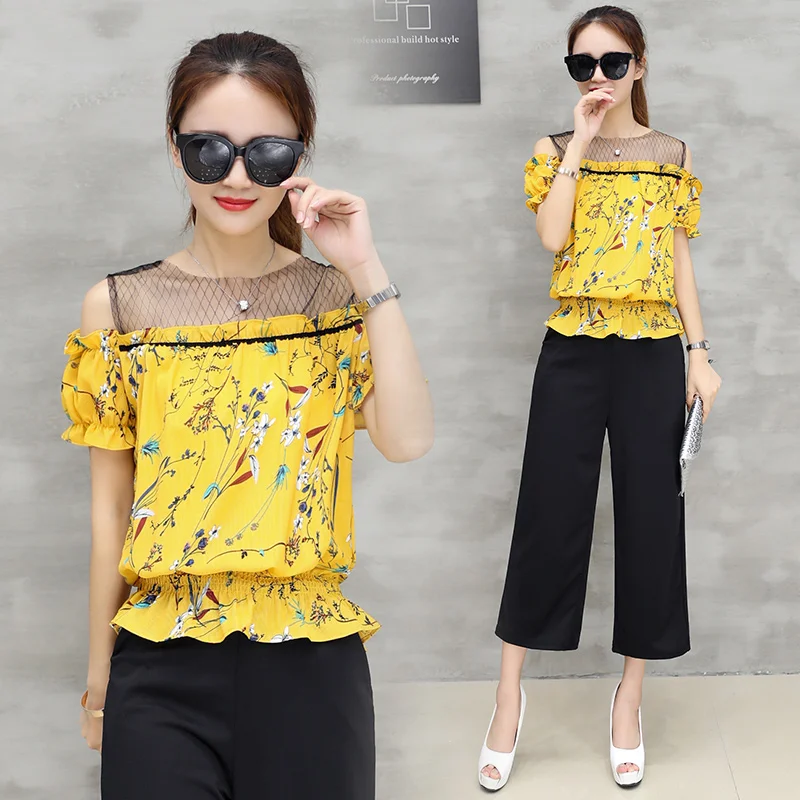 Summer wear new short-sleeved floral chiffon top blouse &amp black pants casual suit women wide-legged trousers outfit leisure |