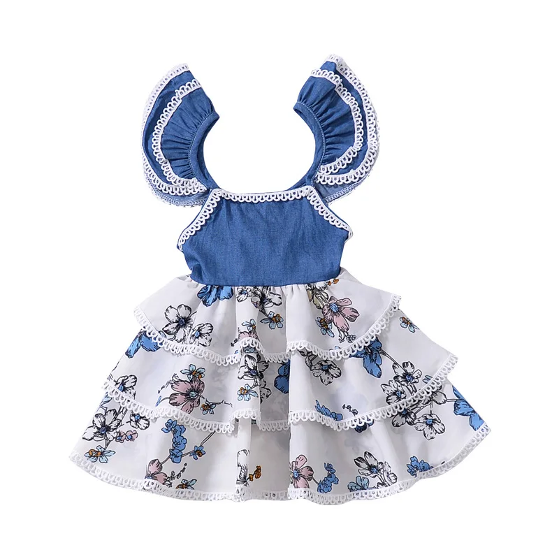 INS hot sell demin tops ruffles kids dress high quality girl cake | Детская одежда и обувь