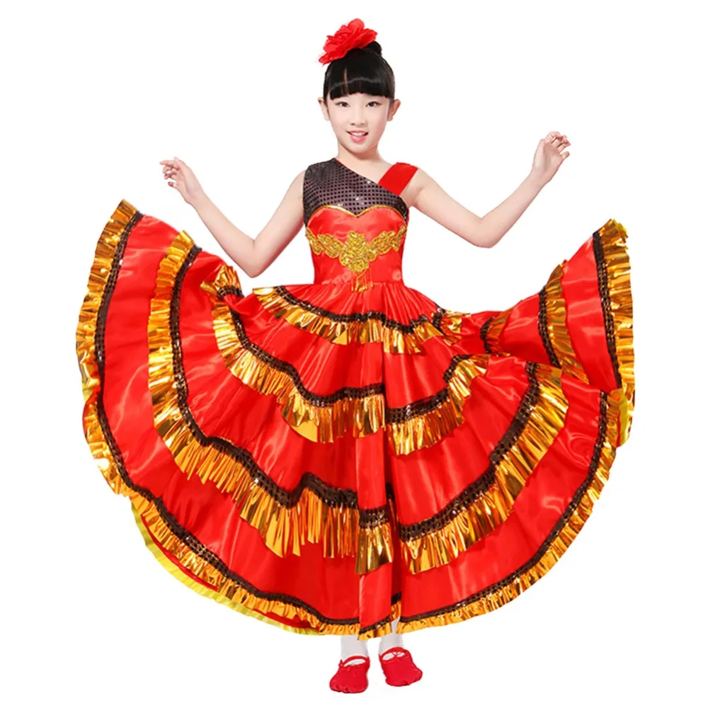 Kids Girls Red Belly Dance Dress Spanish Flamenco Costume Ballroom Tribal Match Head Flower | Детская одежда и обувь
