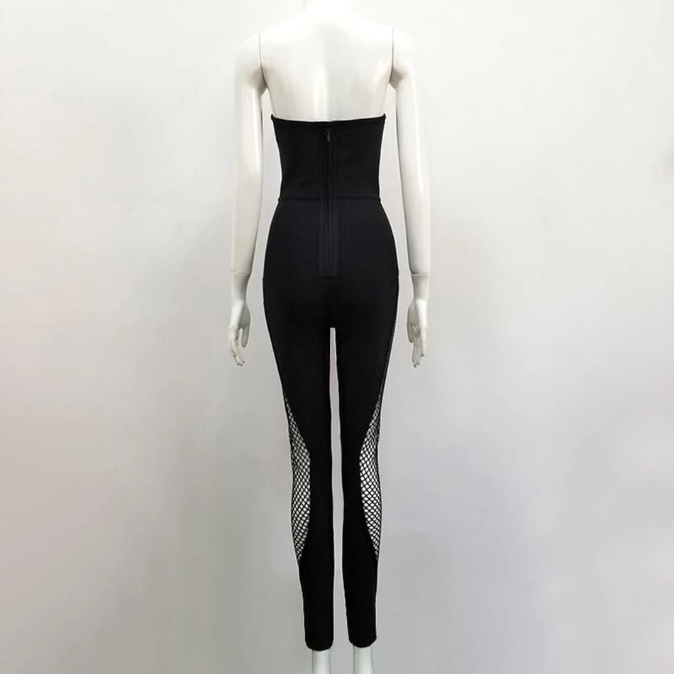 Сексуальная мода черный без бретелек сетка Перспектива бинты комбинезон рукавов