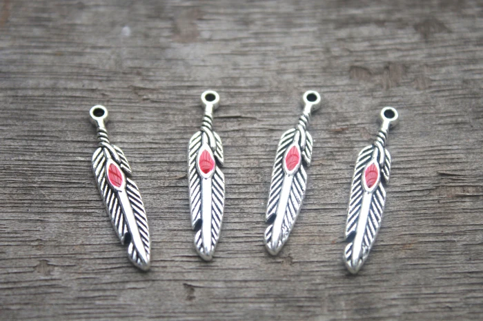 

35pcs Feather charms, AntiqueTibetan silver Feather Charm Pendant 27x6mm RED