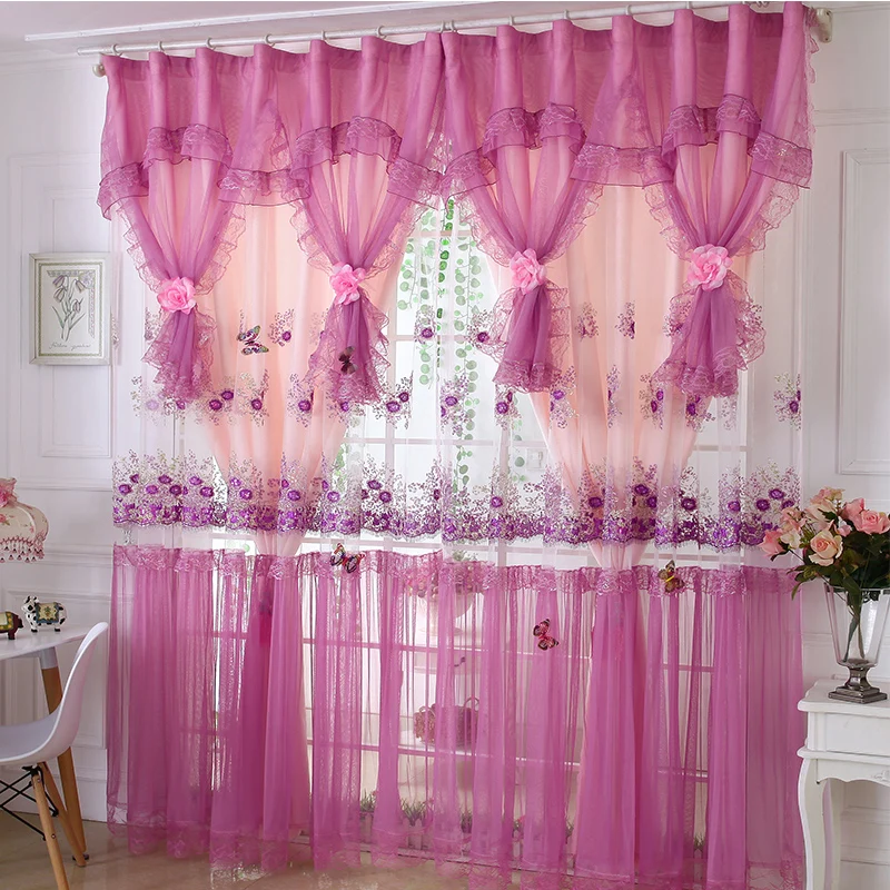 Cortinas de Renda e Laços Coreana de Princesa Quarto de Tule Roxa para Casamento Sala de Estar Senisaihon Cortina