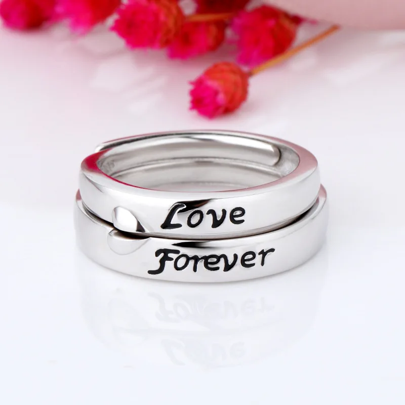 925 пробы серебряные кольца для пар с милыми буквами Forever Love, черные регулируемые кольца с надписью «половина сердца», свадебные ювелирные изделия для влюбленных