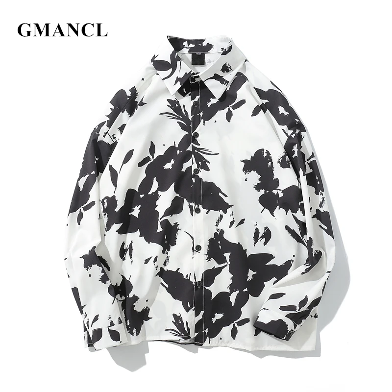 

GMANCL Autumn Mens Loose Black White Flower Printed Shirts male Vintage high quality Camisa Masculina Long Sleeve Casual Shirts