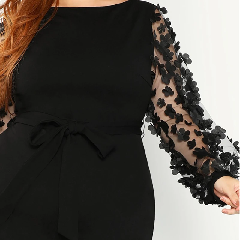SHEIN женское элегантное черное платье-карандаш больших размеров с аппликацией, Сетчатое платье с рукавом-фонариком, приталенное платье с поясом для вечеринок