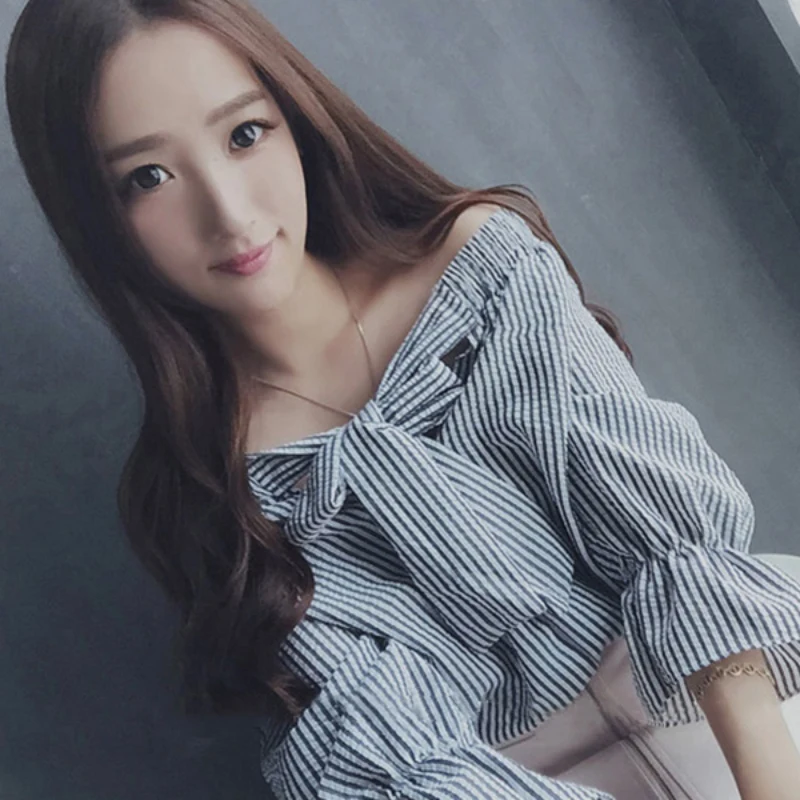 Новая модная летняя Осенняя Сексуальная Блузка с вырезом лодочкой и бантом