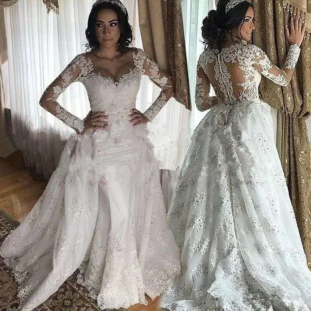 2021 шикарный Воротник Sheer Jewel Overskirts с длинным рукавом свадебные платья русалки