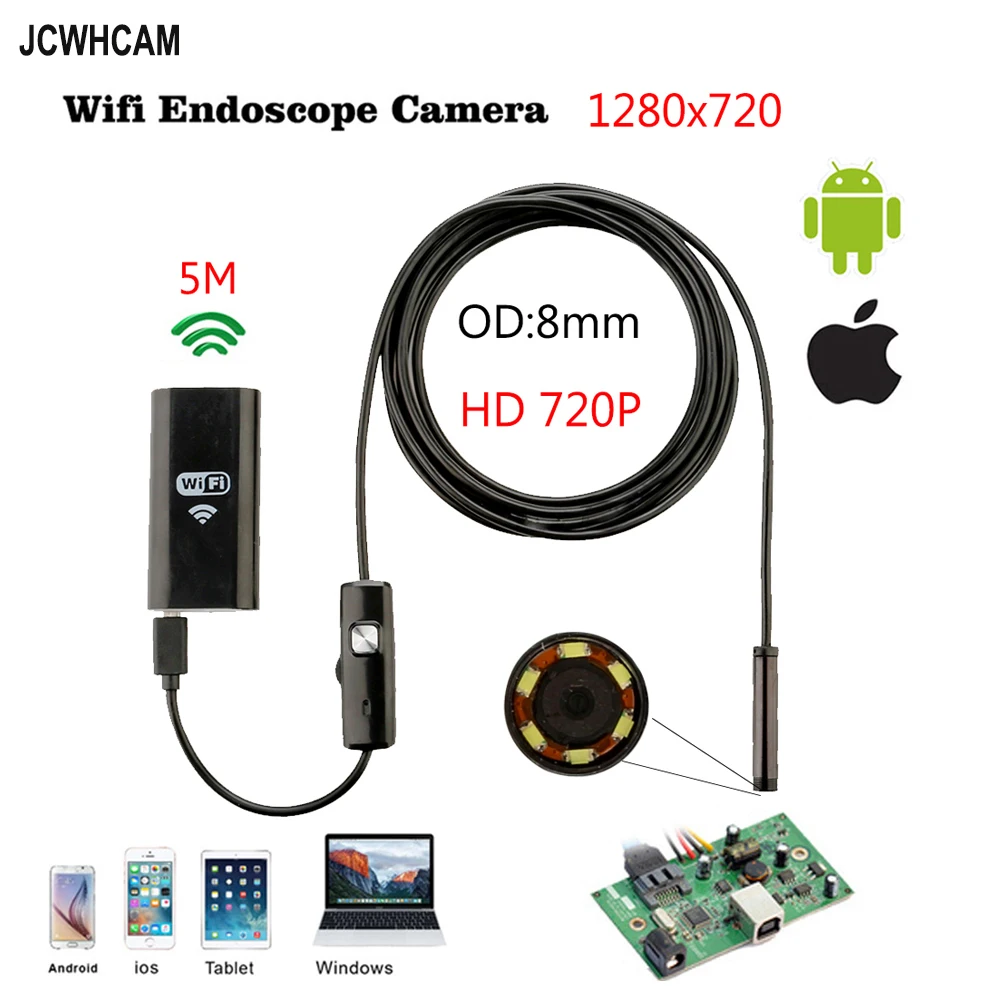 Беспроводной Wi Fi эндоскоп 8 мм 5 м камера Android Бороскоп HD 1280*720 IP67 водонепроницаемая