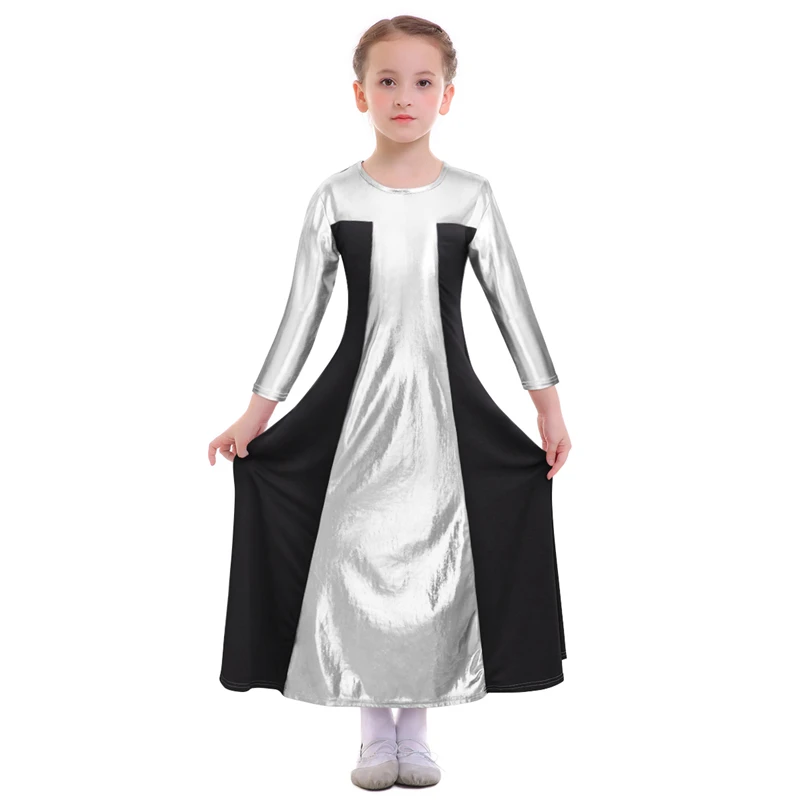 Black with Silver Элегантное платье для девочек; цвет металлик; платье для литургических танцев; Плиссированное Платье для танцев; длинное платье для балета для девочек - Цвет: Black with Silver