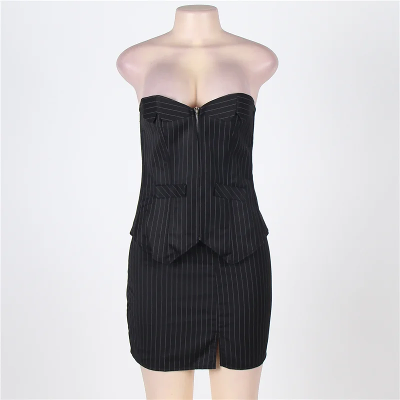 AJ2826 Office Lady Pinstripe Corset With Skirt Zipper Slim High Waist Plus Size Corpete Set Drop shipping Faja Moldeadora Mujer | Женская