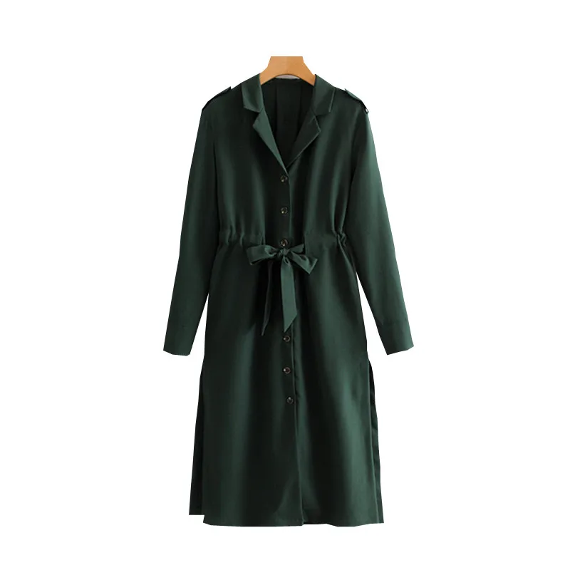 Женское зеленое Элегантное Длинное Платье-рубашка с длинным рукавом отложным